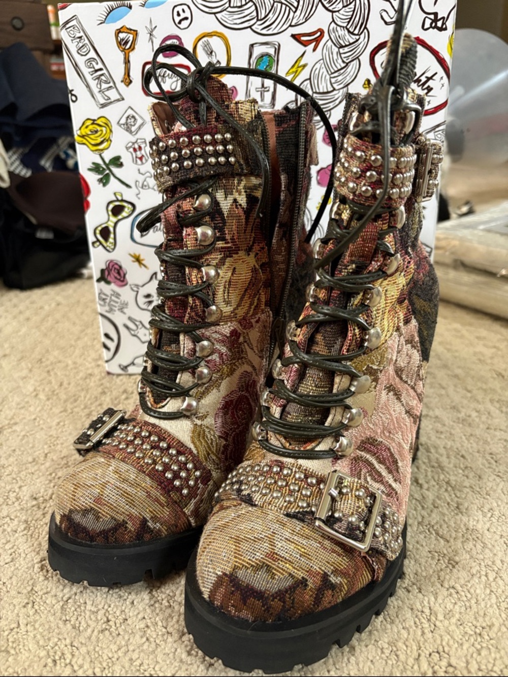 Jeffrey Campbell Floral Tapestry Combat Boots - Pink, Brown & Gold